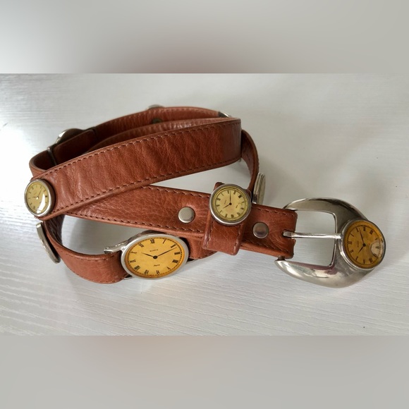 VTG 80s Leather watch theme belt Cognac brown with nickel fittings size 26\